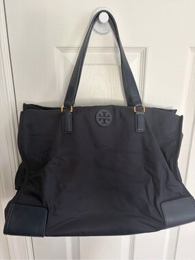 Tory Burch Navy Logo Tote with Leather Trim